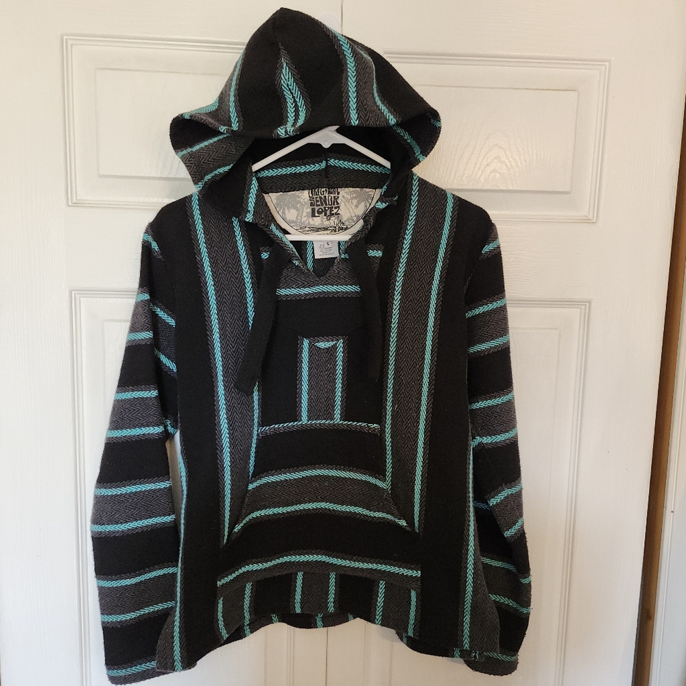 Original Senor Lopez Baja Blk/Aqua Hoodie Striped Woven Pullover Poncho Unisex S